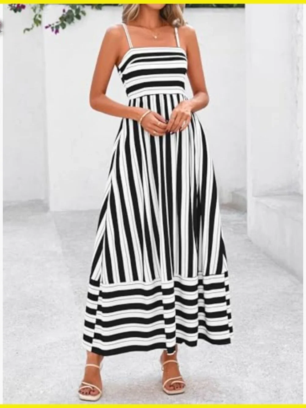 Boho Floral Striped Maxi Dress Spaghetti Strap Square Neck Flowy A-Line